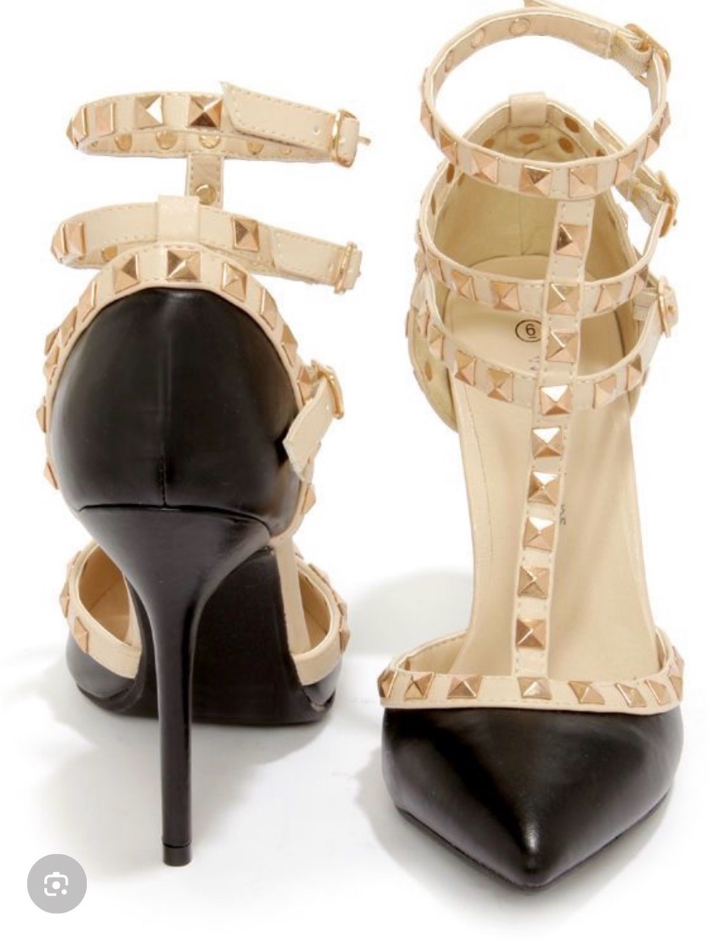 Pointed-Toe Studded T-Strap Pumps in Black & Nude
